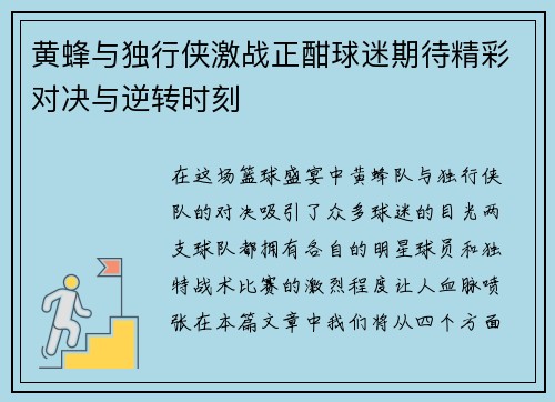 黄蜂与独行侠激战正酣球迷期待精彩对决与逆转时刻